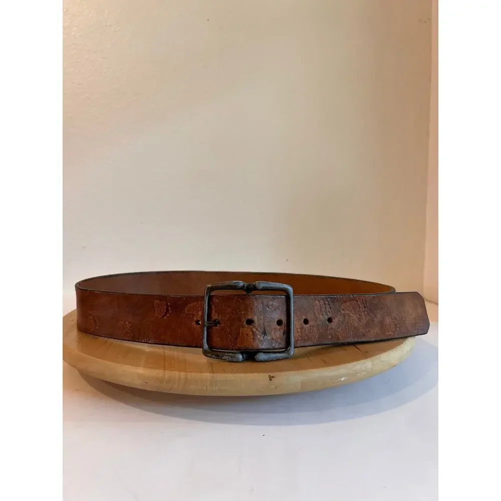 Vintage 90s Foot Print Distressed Genuine Leather Worn Buckle Belt Size Medium